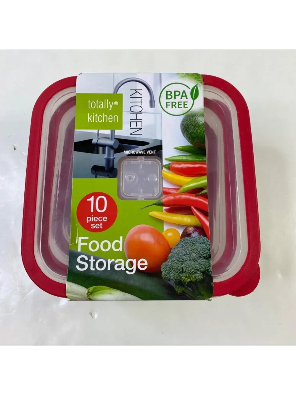 Totally Kitchen 10-Piece BPA Free Food Storage Set With Microwave Vent Red Clear